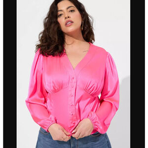 EUC Torrid Pink Glo Satin Button Front Top Sz 2/2X/18-20
